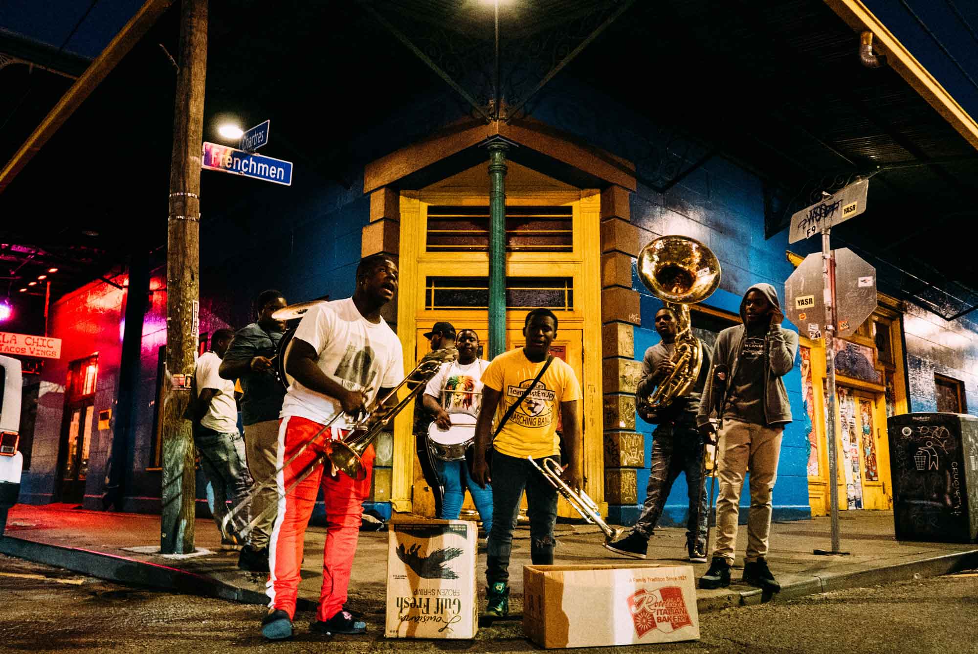Musicians playing at night in the french quarter of new orleans