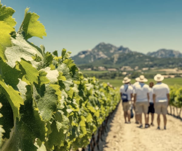 Group Travel – Wine Tours Group walking through a vineyard with mountains in the background