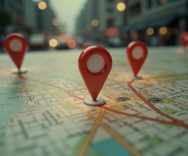 Map 3d map with icons pointing to areas of a city