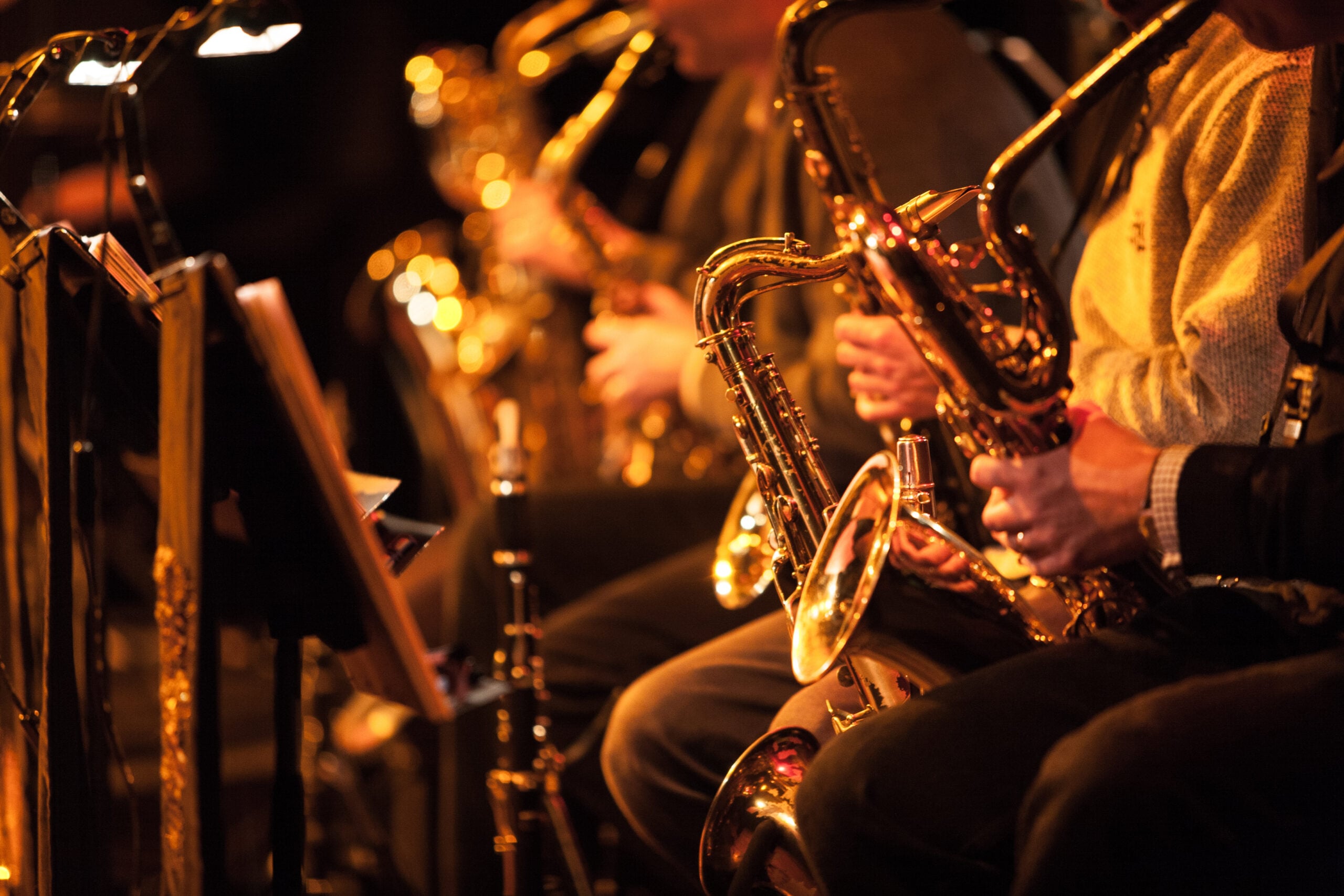 Big Band saxophone section. A candid view along the saxophone se